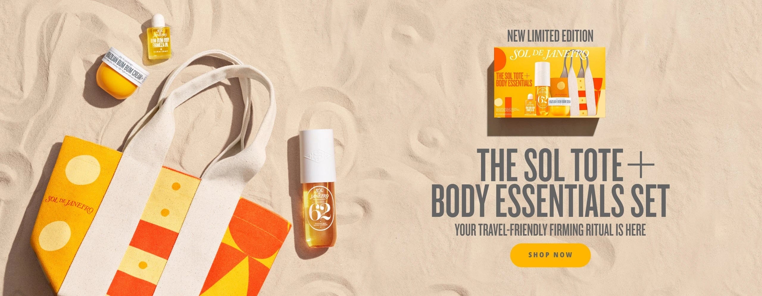 text on image reads new limited edition the sol tote + body essential set your travel-friendly firming ritual is here shop now. This is an image showing the sol de janeiro sol tote + body essentials set