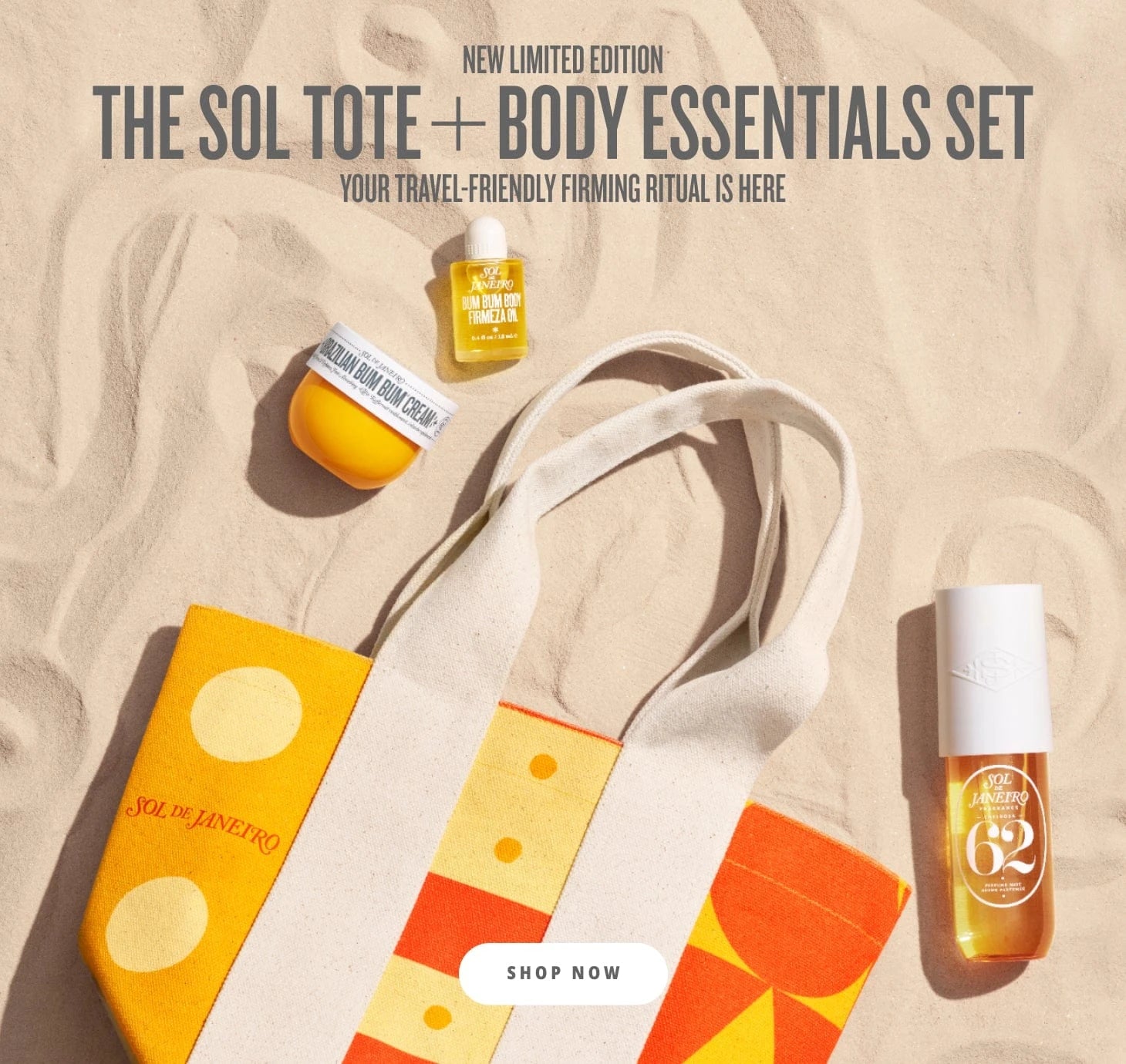 text on image reads new limited edition the sol tote + body essential set your travel-friendly firming ritual is here shop now. This is an image showing the sol de janeiro sol tote + body essentials set